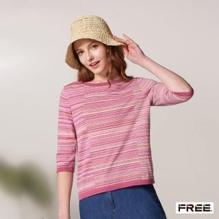 【FREE】有機棉橫紋六分袖針織衫(水藍/古紫)