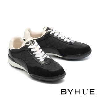 【BYHUE】美式率性異材質撞色拼接綁帶軟芯厚底休閒鞋(黑)