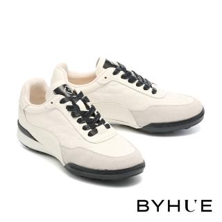 【BYHUE】美式率性異材質撞色拼接綁帶軟芯厚底休閒鞋(白)