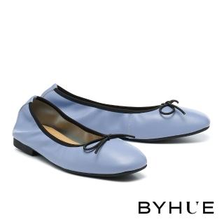 【BYHUE】甜心舒適蝴蝶結羊皮軟芯Q底娃娃平底鞋(藍)
