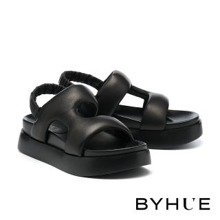 【BYHUE】率性舒適羊皮澎澎不對稱工字帶厚底涼鞋(黑)