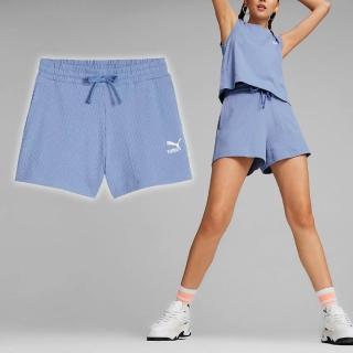 【PUMA】短褲 Classics Ribbed Shorts 女款 藍 白 A字剪裁 抽繩 褲子(624254-20)