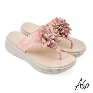 【A.S.O 阿瘦集團】A.S.O舒活美型立體花朵真皮休閒涼鞋(粉紅)