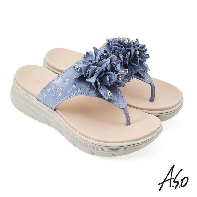 【A.S.O 阿瘦集團】A.S.O舒活美型立體花朵真皮休閒涼鞋(紫藍)