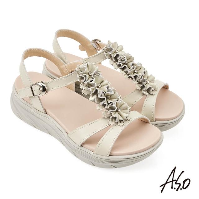 【A.S.O 阿瘦集團】A.S.O舒活美型水鑽花朵真皮休閒涼鞋(米)
