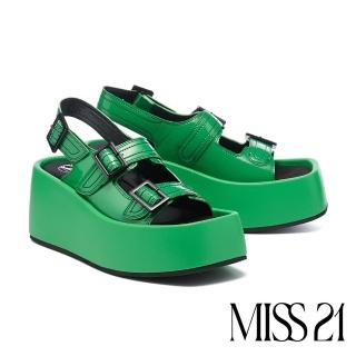 【MISS 21】微酸潮酷少女漆皮方釦雙繫帶撞色車線大頭水台厚底涼鞋(綠)