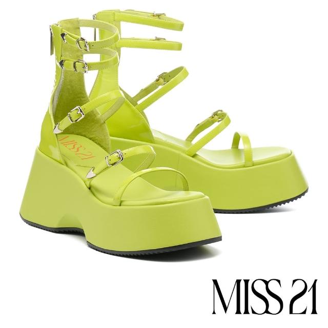 【MISS 21】酸性叛逆少女牛漆皮多條帶Super高方頭厚底涼鞋(綠)