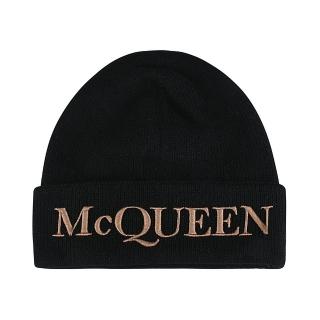 【Alexander McQueen】ALEXANDER McQUEEN刺繡LOGO羊絨毛帽(黑x棕)