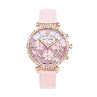 【SWAROVSKI 施華洛世奇】PASSAGE CHRONO 粉色三眼計時 皮革錶帶腕錶 手錶 女錶 情人節(5580352)