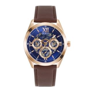【GUESS】玫瑰金框 藍面 三眼日期顯示腕錶 鏤空錶盤 棕色皮革錶帶 手錶 母親節(GW0389G3)