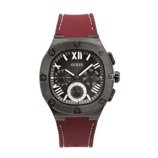 【GUESS】黑框 黑面 三眼日期顯示 圓角方型 酒紅色矽膠錶帶 男錶 手錶 情人節(GW0571G4)