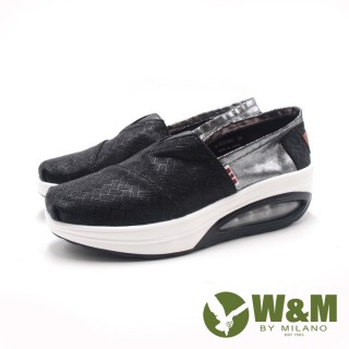 【W&M】女 BOUNCE減壓氣墊款 增高厚底休閒鞋 女鞋(亮黑色)