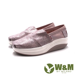 【W&M】女 BOUNCE珠光布面 增高厚底休閒鞋 女鞋(亮粉色)