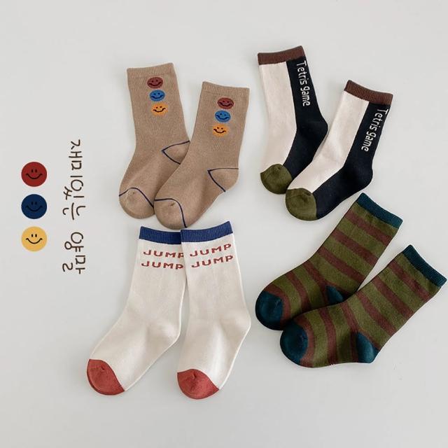 【merci life】（4雙一組）韓風可愛笑臉兒童運動襪 中筒襪(襪子 兒童 男童 女童 童裝 短襪 童襪)