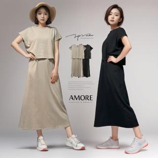 【Amore】日韓兩件式層次長版短袖連身衣裙2色(兩件式上衣+無袖連身衣裙)