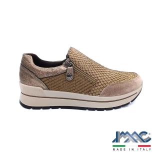 【IMAC】義大利動物皮紋感金蔥格紋拉鍊厚底休閒鞋 黃金棕(義大利進口健康舒適鞋)