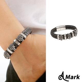 【A MARK】復古時尚骷髏頭飾件個性皮革白鋼手環(白鋼手環 骷髏頭手環)