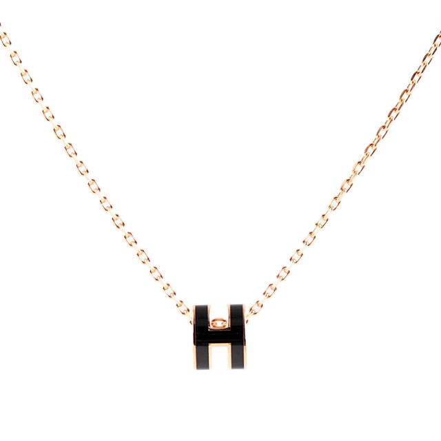 【Hermes 愛馬仕】Mini Pop H pendant 立體橢圓簍空項鍊(黑/玫瑰金)