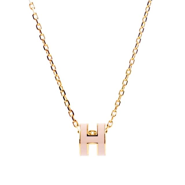 【Hermes 愛馬仕】Mini Pop H pendant 立體橢圓簍空項鍊(粉色/金色)