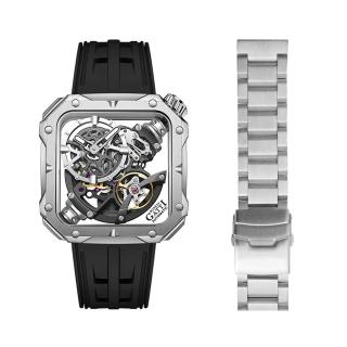 【BONEST GATTI】布加迪 銀框鏤空 氟橡膠錶帶錶帶 懸浮式設計機芯 方形機械手錶 贈不鏽鋼錶帶(BG5804-A1)