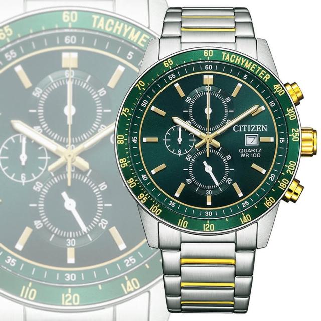 【CITIZEN 星辰】Chronograph 碼錶計時 大錶徑不鏽鋼石英錶-綠面44mm(AN3689-55X 防水100米)