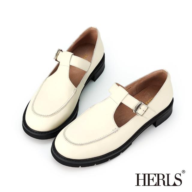 【HERLS】瑪莉珍鞋-全真皮圓頭T字瑪莉珍厚底鞋(米白色)