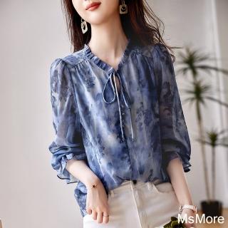 【MsMore】藍色印花雪紡襯衫優雅氣質長袖短版上衣#121488(藍)