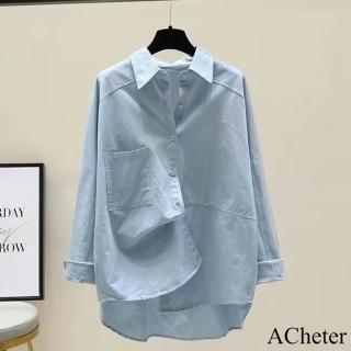 【ACheter】純棉襯衫新款韓版寬鬆顯瘦休閒百搭純色中長上衣#121168(白/粉紅/綠/藍)