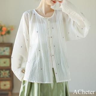 【ACheter】點點漢服日常天絲刺繡花明圓領對襟直長袖短衫上衣#120991(白)