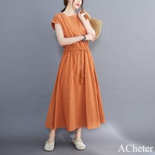 【ACheter】文藝大擺裙可收腰寬鬆大碼棉麻感圓領蓋短袖連身裙純色洋裝#121471(7色)