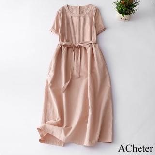 【ACheter】棉麻感連身裙長版韓版寬鬆短袖圓領風琴褶洋裝#121450(粉紅/綠/藏青)