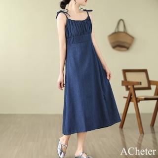 【ACheter】韓版大碼法式開叉牛仔連身裙長版吊帶裙洋裝#121229(藍)