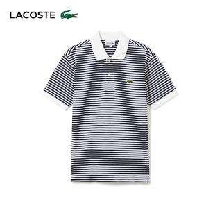 【LACOSTE】男裝-L.12.12 條紋棉質短袖 Polo 衫(白/海軍藍)