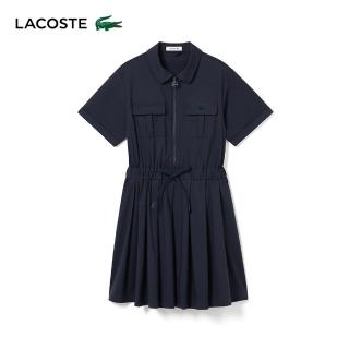 【LACOSTE】女裝-造型收腰百折短袖洋裝(海軍藍)