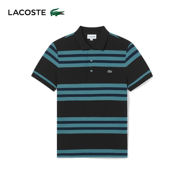 【LACOSTE】男裝-條紋短袖Polo衫(黑/綠色)