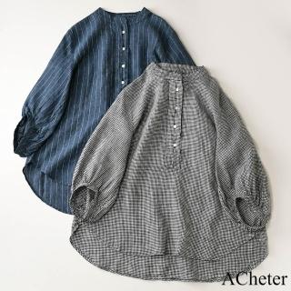 【ACheter】圓領棉麻條紋格子寬鬆弧形下擺顯瘦褶皺七分袖短版上衣#121575(藍/格子)