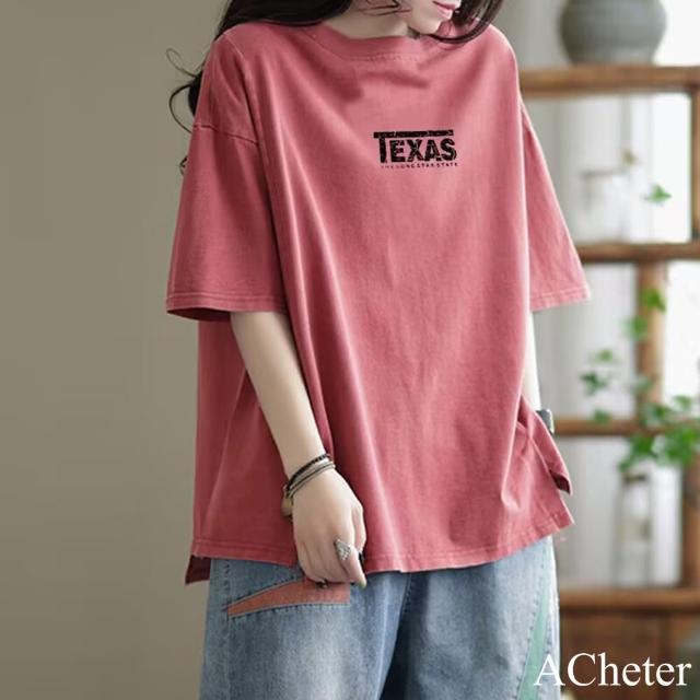 【ACheter】棉短袖t恤圓領大碼時尚短版上衣#121159(玫紅/綠/墨綠)