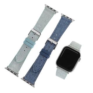 【Watchband】Apple Watch 全系列通用錶帶 蘋果手錶替用錶帶 外層牛仔布紋 內層真皮錶帶(藍色/天空藍色)