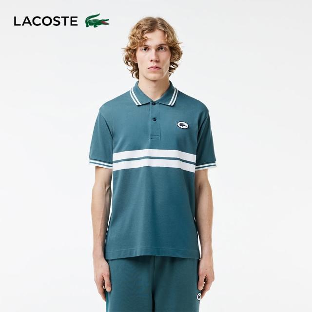【LACOSTE】男裝-原創L.12.12徽章條紋短袖Polo衫(藍綠色)