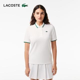 【LACOSTE】女裝-撞色條紋領網眼布短袖運動Polo衫(白色)