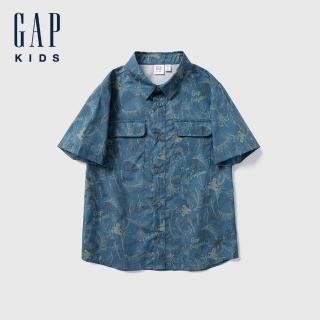 【GAP】男童裝 Logo純棉小熊印花翻領短袖襯衫-藍色(890513)