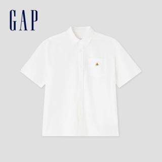 【GAP】男裝 純棉小熊刺繡翻領短袖襯衫-米白色(890877)