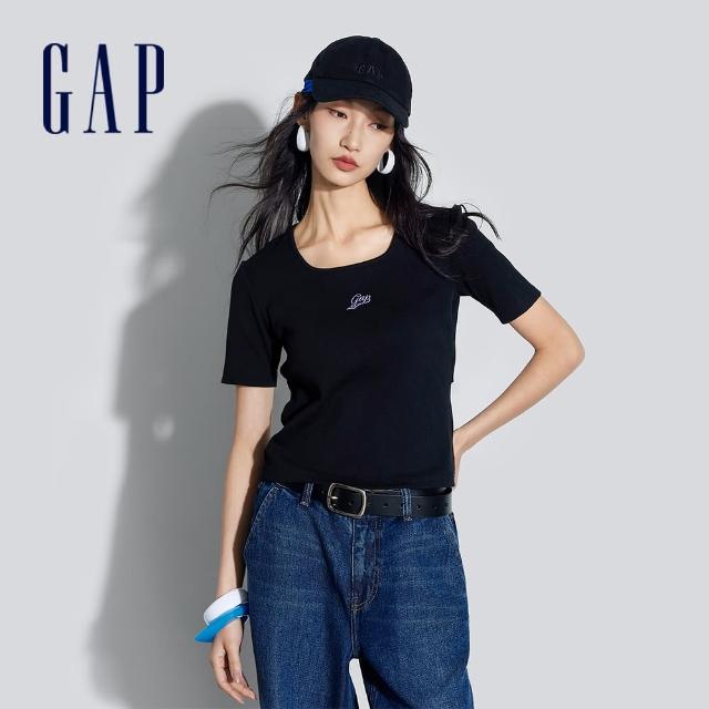 【GAP】女裝 Logo方領短袖T恤 短版上衣-黑色(890006)