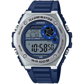 【CASIO 卡西歐】學生錶 10年電力金屬風計時手錶-藍(MWD-100H-2A)