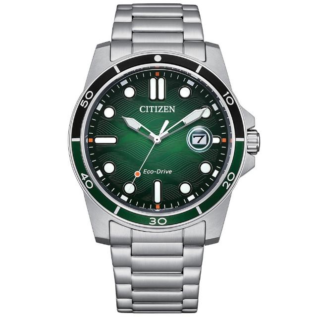 【CITIZEN 星辰】GENTS系列 水波紋時尚光動能腕錶/綠面41.5mm(AT8267-86X)