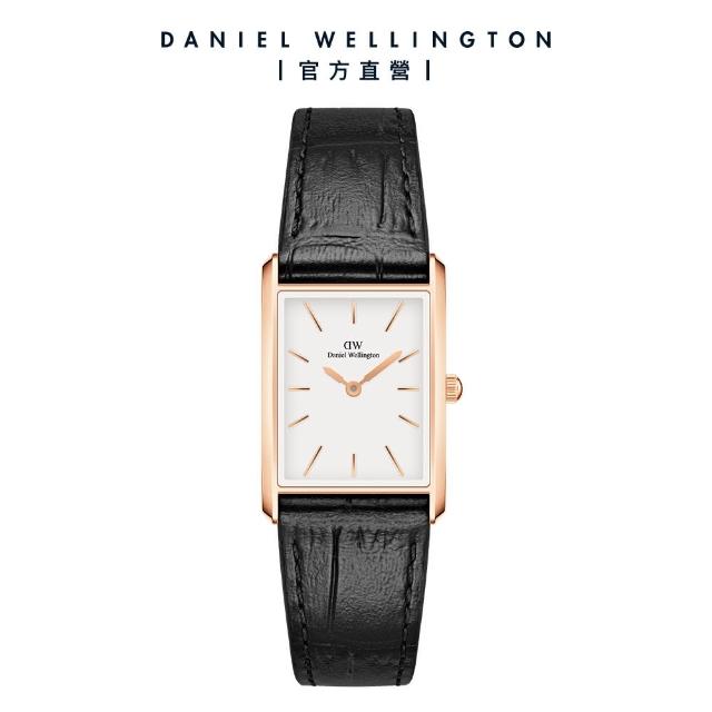 【Daniel Wellington】DW 手錶 Bound 32x22mm 摩登寂靜黑皮革方錶(玫瑰金)
