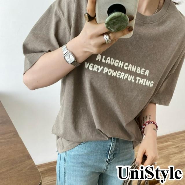 【UniStyle】字母短袖T恤 韓版做舊風上衣 女 UP1576(卡其)