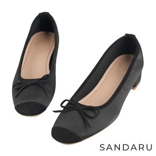 【SANDARU 山打努】跟鞋 方頭拼接緞面蝶結粗跟娃娃鞋(黑)