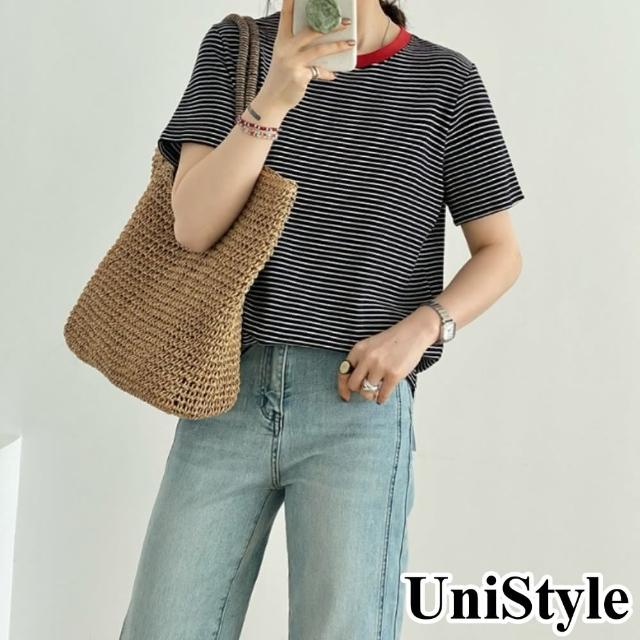 【UniStyle】條紋短袖T恤 韓版撞色圓領復古上衣 女 UP1625(黑白條紋)