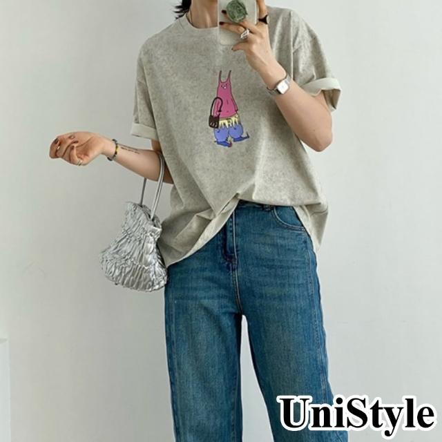 【UniStyle】做舊短袖T恤 韓版外星人印花上衣 女 UP1578(杏)